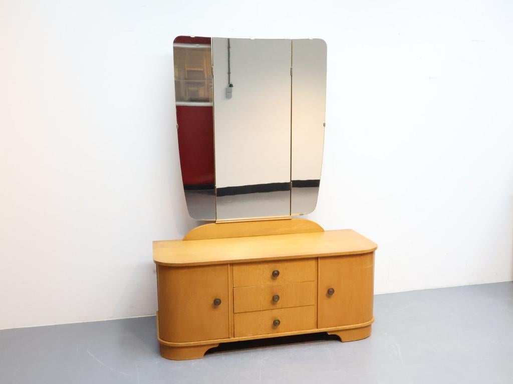 Vintage Kaptafel | Eikenfineer met Drieluik Spiegel, Huis en Inrichting, Tafels | Kaptafels, Ophalen, Gebruikt, ., Vintage