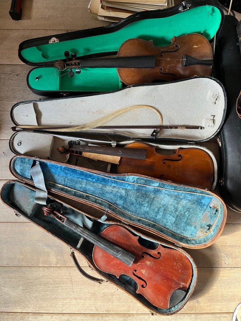 3 oude violen in koffer + strijkstok, voor restauratie, Ophalen, Gebruikt, Viool, 4/4-viool