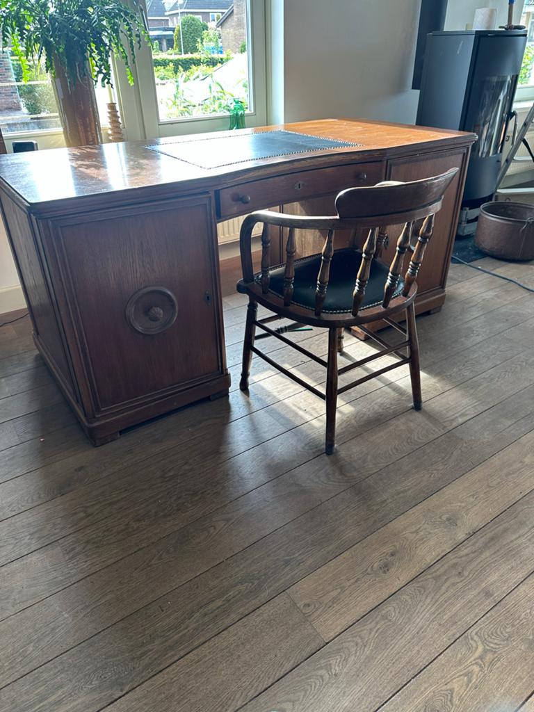 Antiek Eiken Bureau met Leren Inleg en uittreklades 180 br, Ophalen, Zo goed als nieuw
