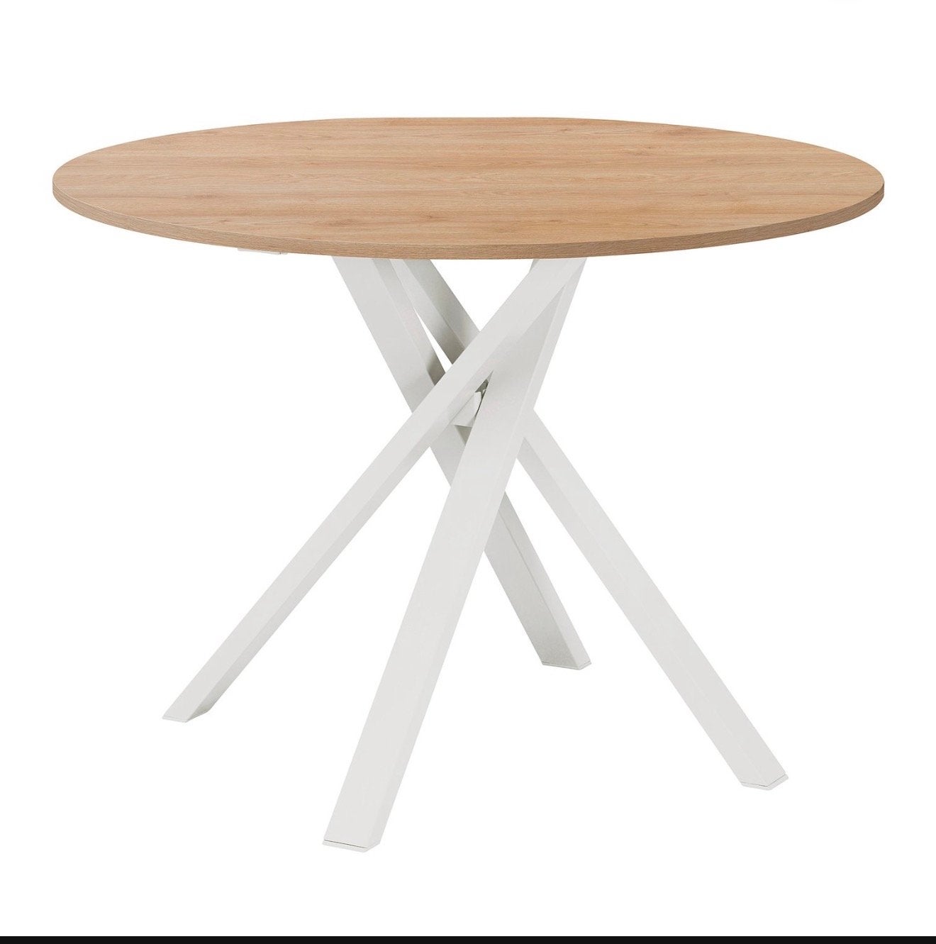 Ronde eettafel met houten blad en wit metalen onderstel, Ophalen, 100 tot 150 cm, Rond, Zo goed als nieuw