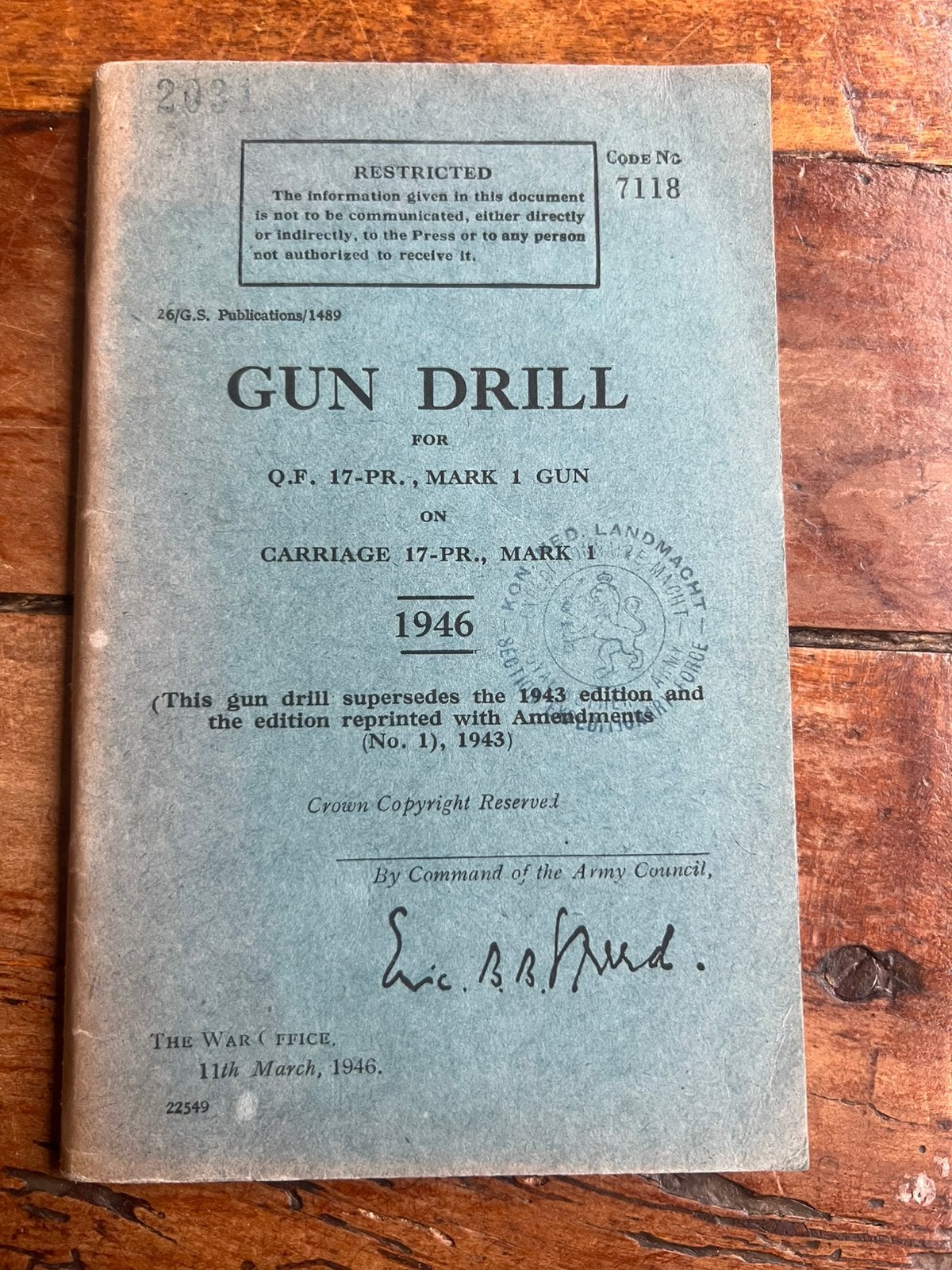 WO2 Brits Gun Drill voorschrift 17 Pdr Kanon Mk1 artillerie, Verzenden, Engeland, Embleem of Badge