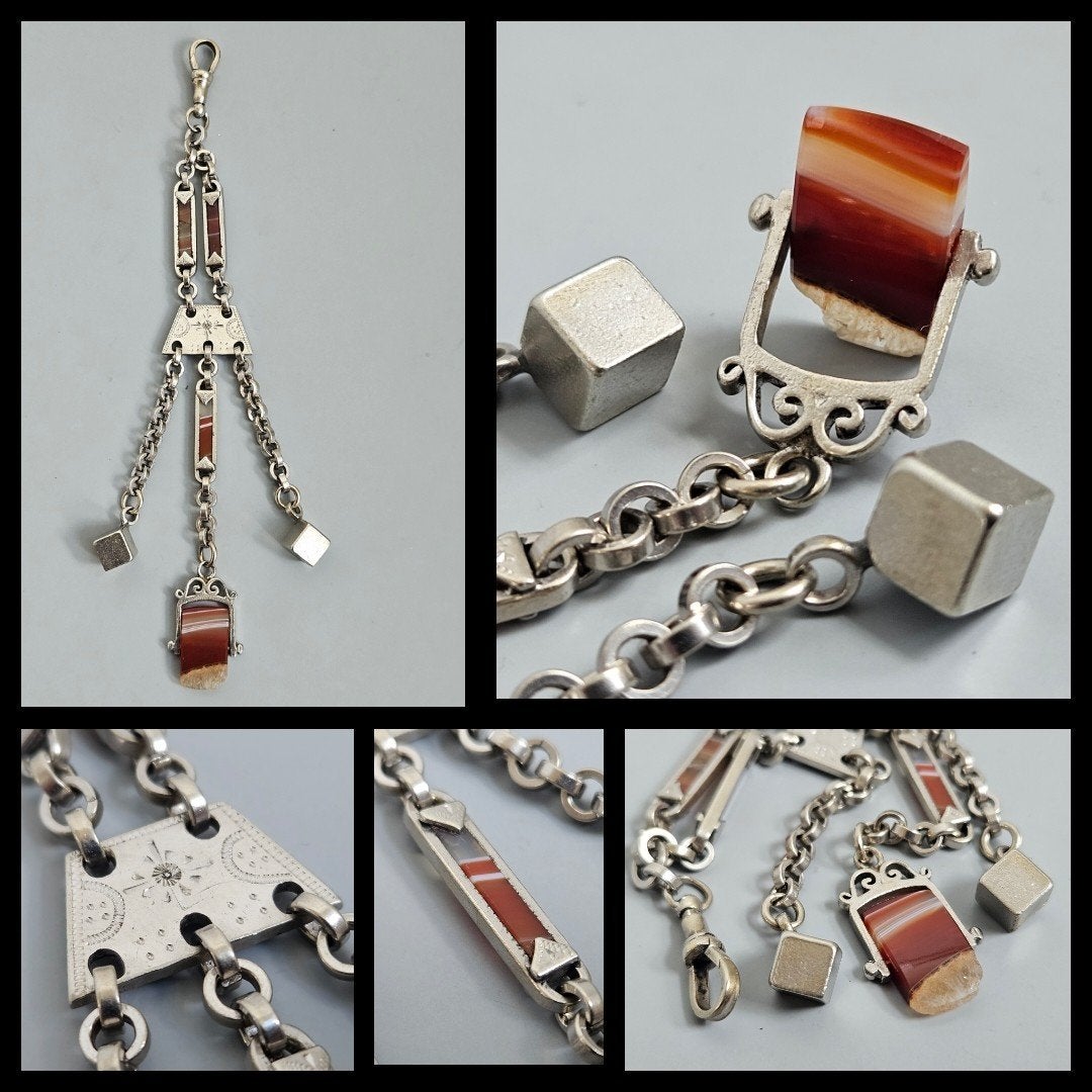 Antiek zakhorloge horlogeketting,  bezet met streepagaat, Ophalen of Verzenden, Overige materialen, Ketting, Met edelsteen