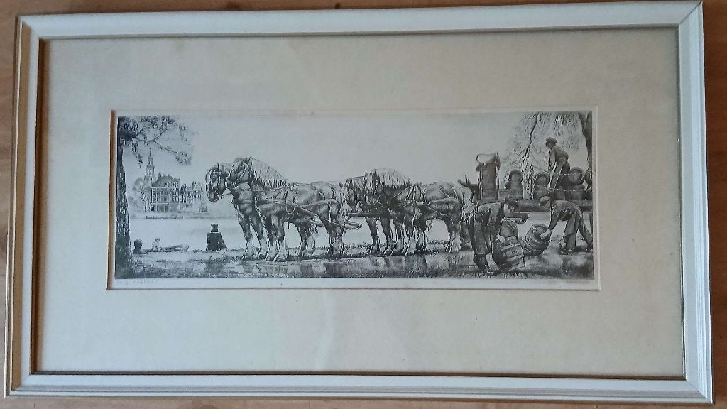Willem Gerard Hofker Bierwagen langs de Amstel - ets gravure, Dagelijks leven, Ets, 35 cm, 1900 - 1949