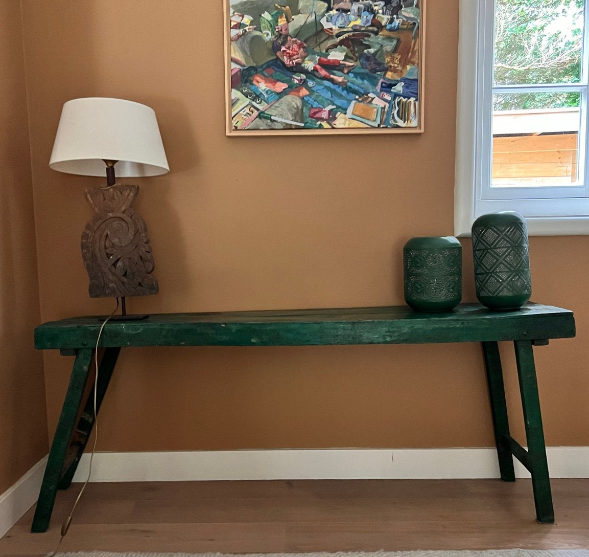 Groene sidetable / bankje - 173,5 cm breed, Huis en Inrichting, Gebruikt, Ophalen of Verzenden, 75 cm of meer, 60 cm of meer