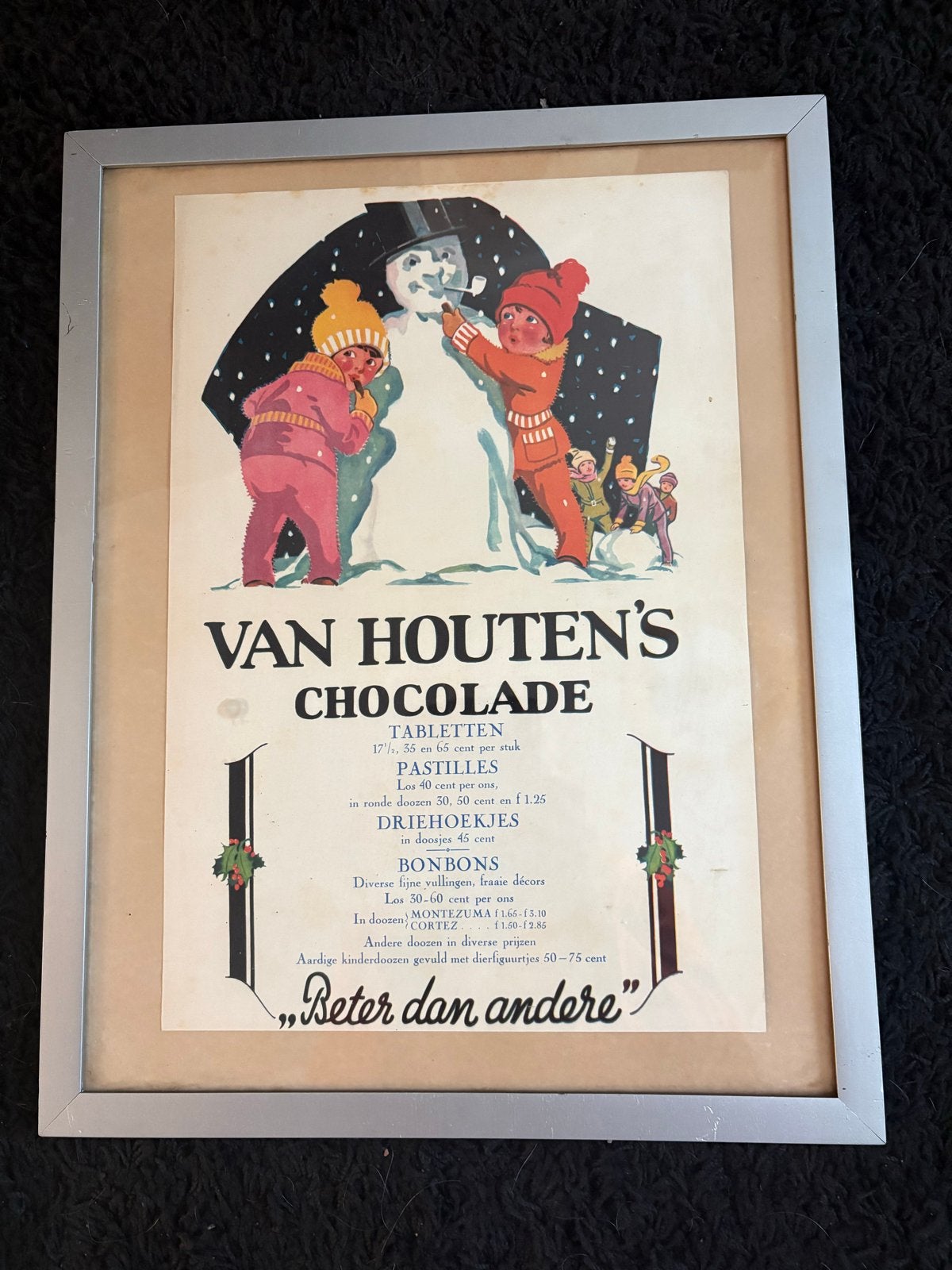 Vintage Van Houten's Chocolade Reclameposter 1920, Verzamelen, Met lijst, Ophalen of Verzenden, A1 t/m A3, Reclame
