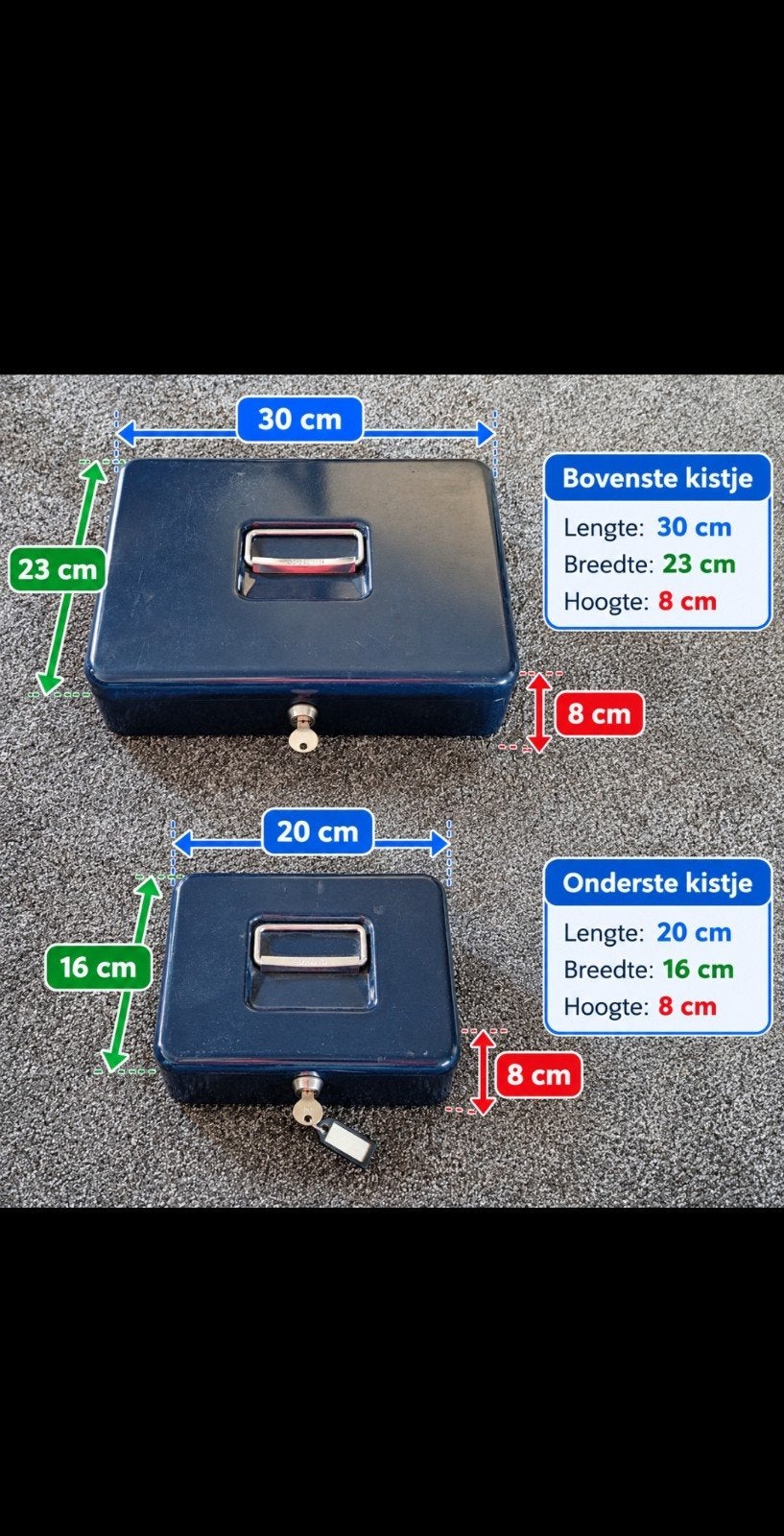 Set van 2 blauwe geldkistjes met sleutel, Ophalen of Verzenden, Gebruikt, Brandkast