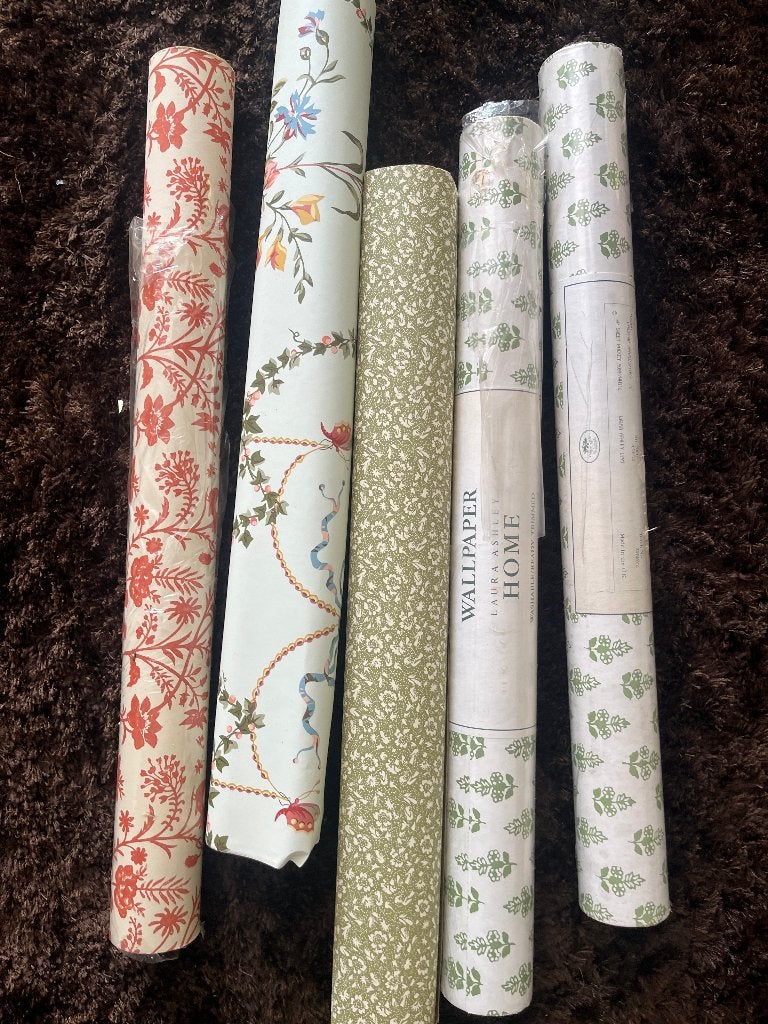 set 5 vintage rollen Laura Ashley behang, Huis en Inrichting, Stoffering | Behang, Bladeren, Groen, Vintage/retro, 5 tot 10 m²