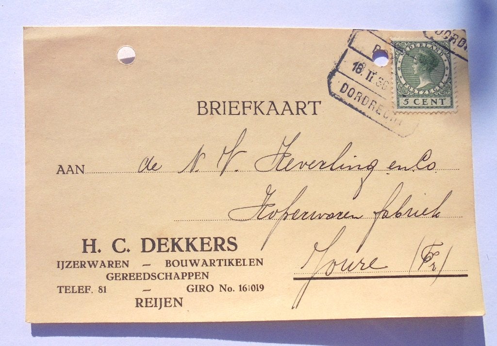 Oude briefkaart REIJEN (Rijen NB) Dekkers IJzerwaren 1936., Ophalen of Verzenden, Briefkaart