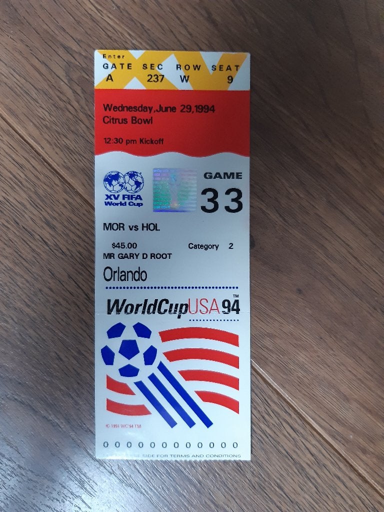 FIFA WK1994 #33 - MAROKKO-NEDERLAND - TICKET VOETBAL KAARTJE, Verzamelen, Sportartikelen en Voetbal, Ophalen of Verzenden, Zo goed als nieuw