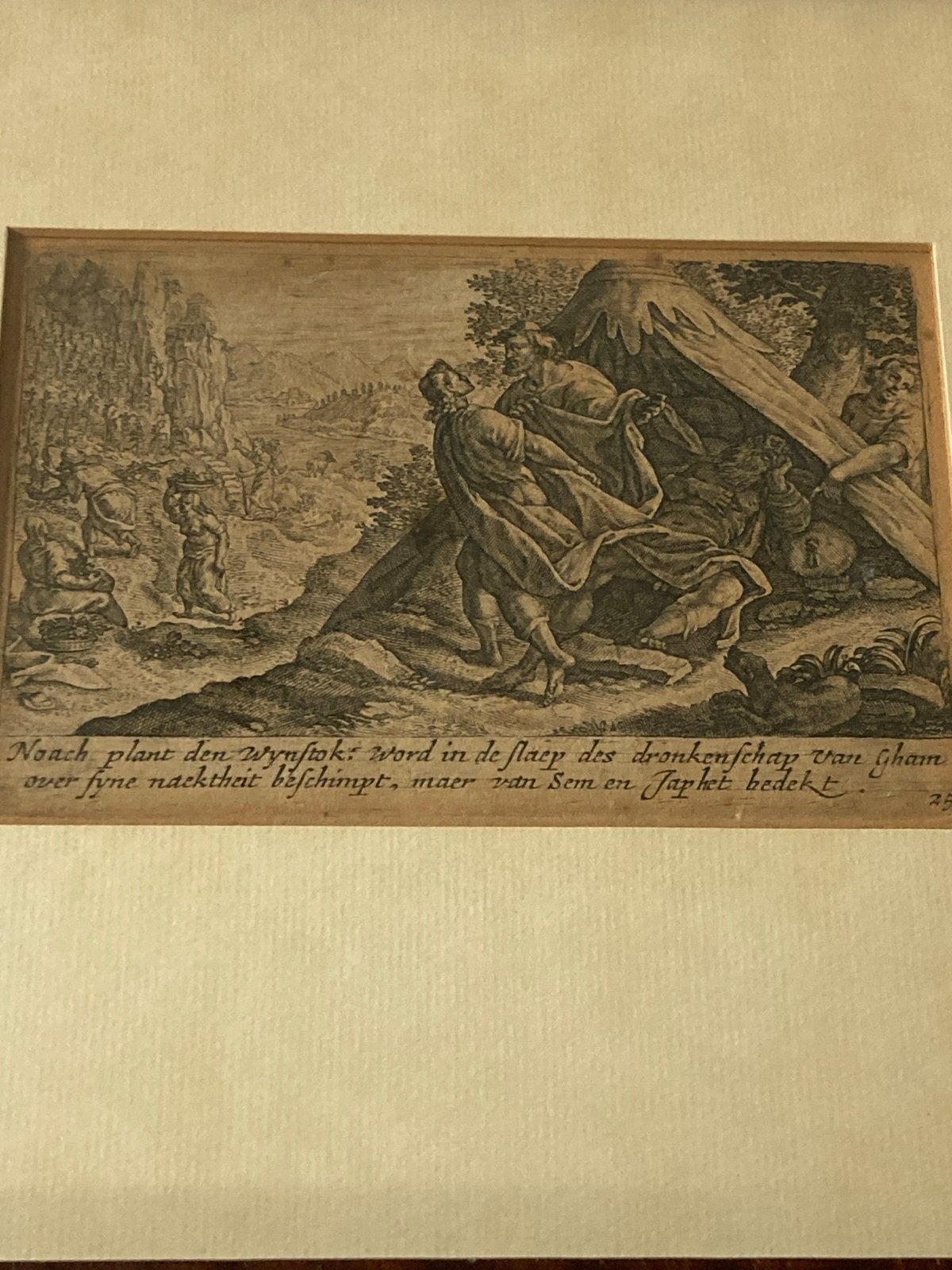 Dronkenschap van Noach - Crispijn van de Passe I (1612), Ingelijst, Religie, Gravure, 1600 - 1699