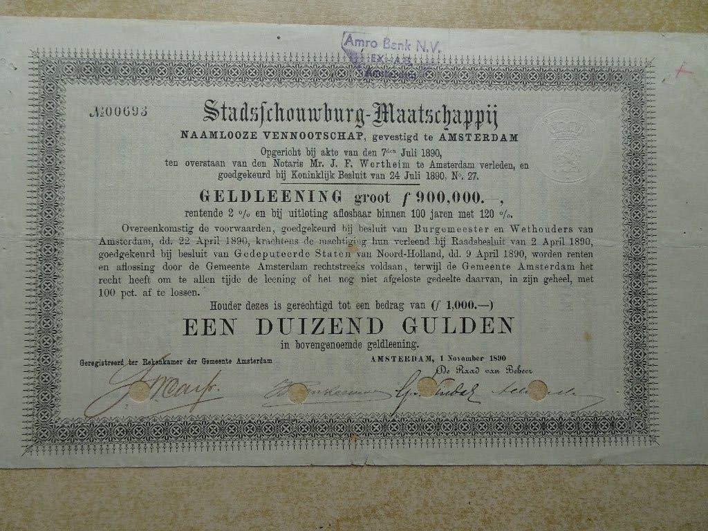 Geldleening 1000 gulden Stadsschouwburg Amsterdam. 1890, Postzegels en Munten, Aandelen en Waardepapieren, Ophalen of Verzenden