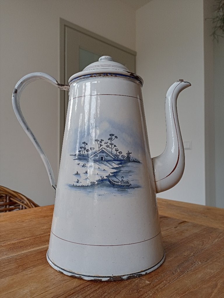 GROTE emaille koffiekan wit met blauw/print, Ophalen of Verzenden