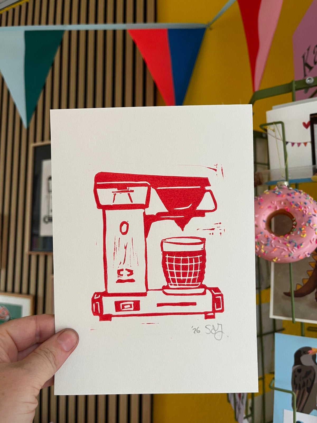 Lino afdruk Moccamaster Cup One koffiezetapparaat, Linosnede, Origineel, Overige onderwerpen, Ophalen of Verzenden