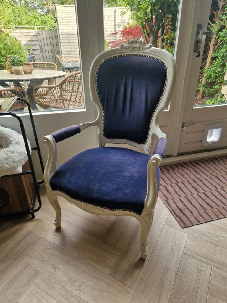 Vintage Fauteuil Barok Stijl - Blauw Velours en Wit Hout, Ophalen