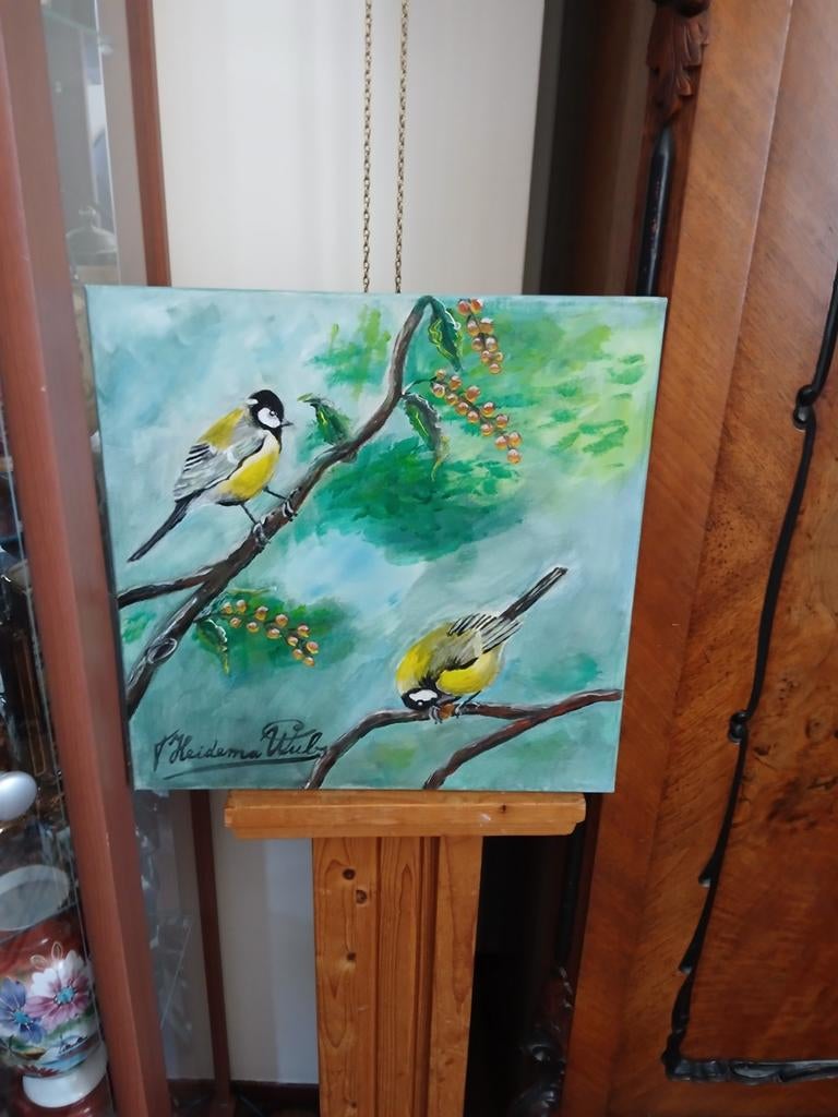 Schilderij Mezen op tak - Handgeschilderd kunstwerk, Ophalen of Verzenden