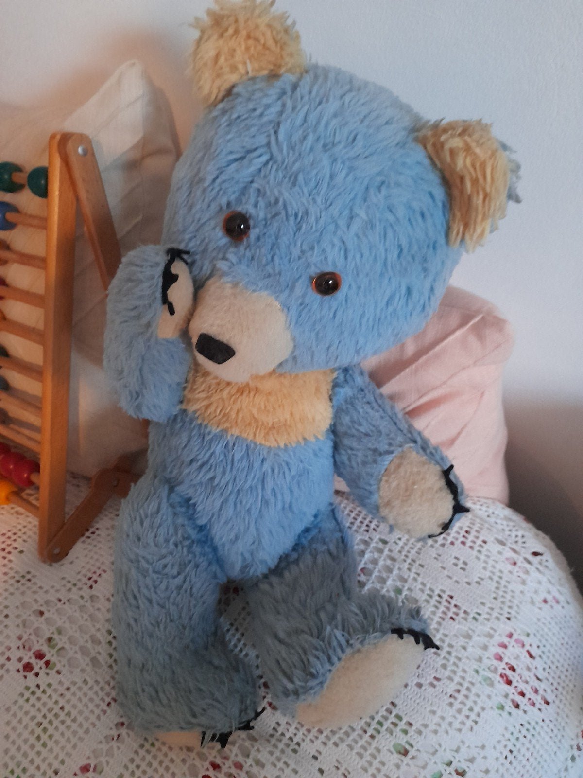 Vintage blauwe teddybeer gevuld met stro, Ophalen of Verzenden, Gebruikt, Overige typen