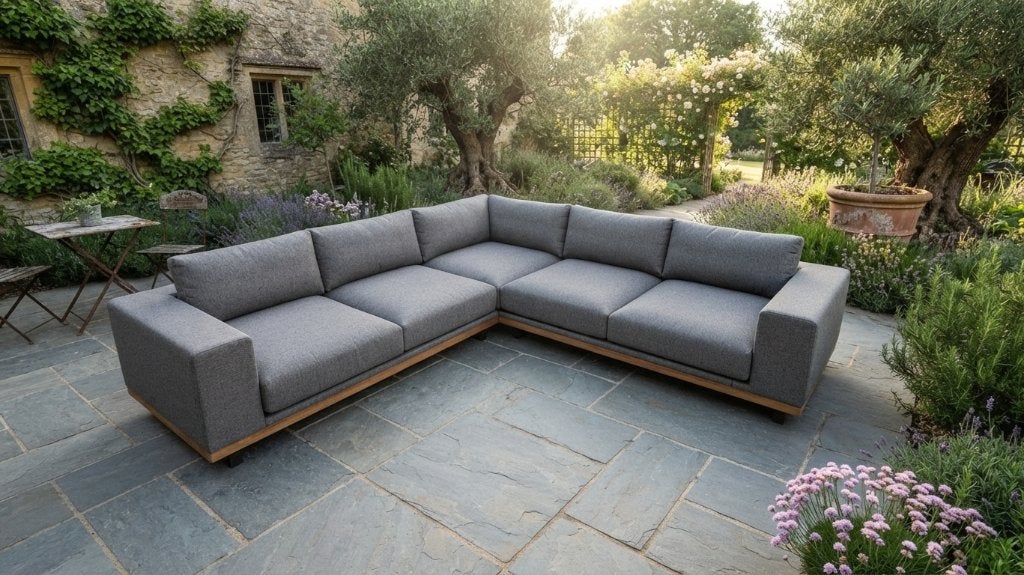 Hoekbank tuin teakhout | Flow Sunbrella | lounge set SALE, Ophalen, 5 zitplaatsen, Teakhout, Zo goed als nieuw
