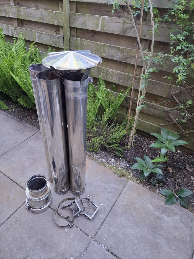 RVS Schoorsteenpijp Ø13cm,100cm lang stuk met kap en beugels, Ophalen of Verzenden, Gebruikt, Overige typen, 80 cm of meer