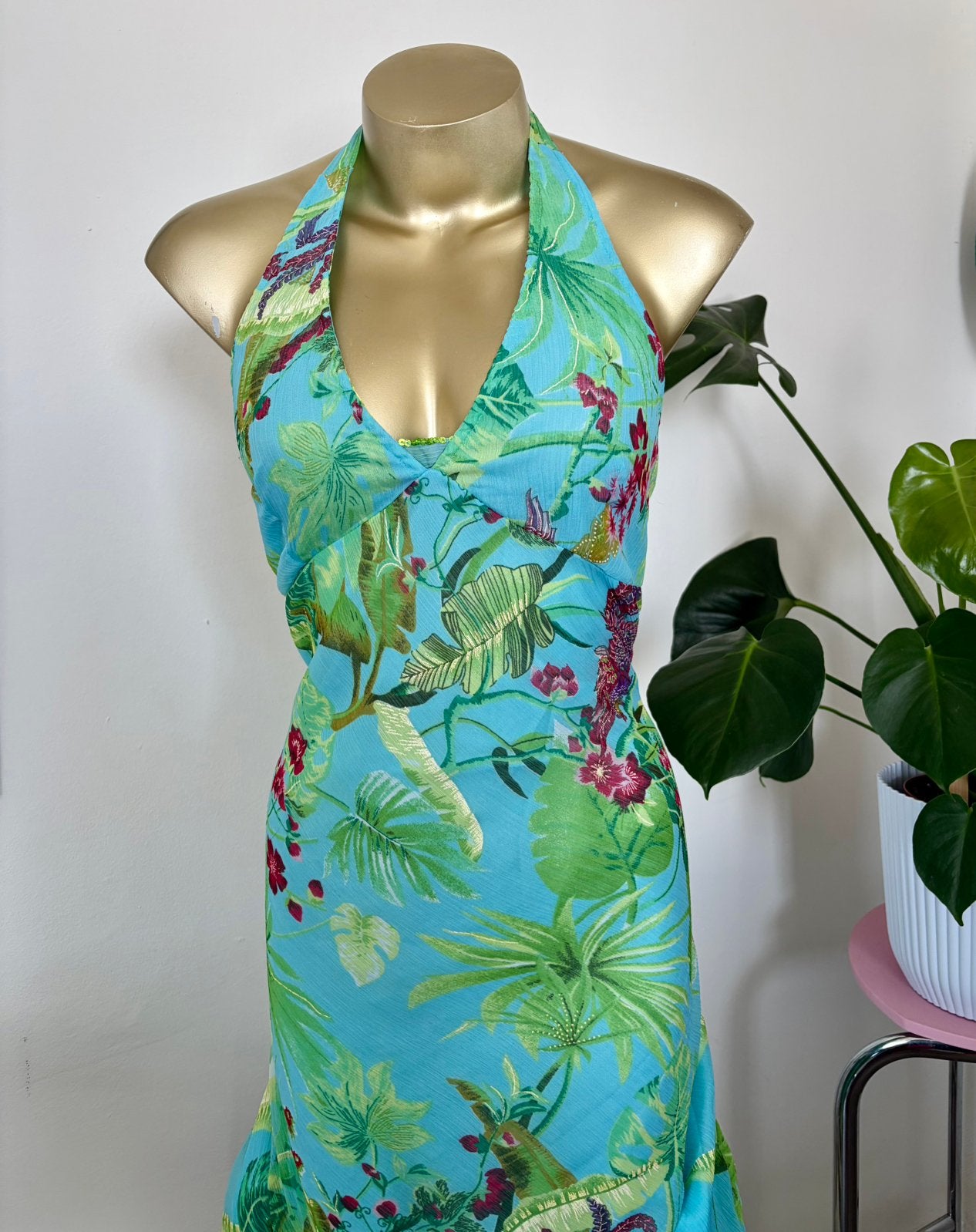 Y2k vintage tropical floral summer halter dress long, Maat 38/40 (M), Blauw, Ophalen of Verzenden, Gedragen