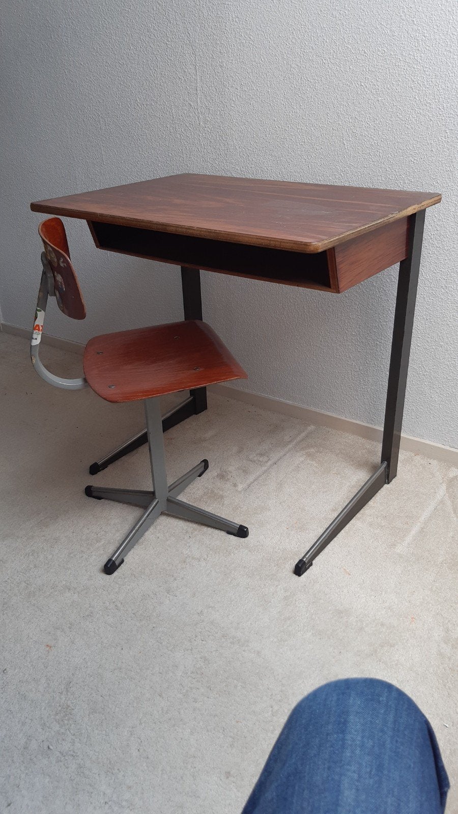 Vintage schoolbureau met stoel - Hout en metaal, Ophalen, Gebruikt, Schoolbureau, Overige merken