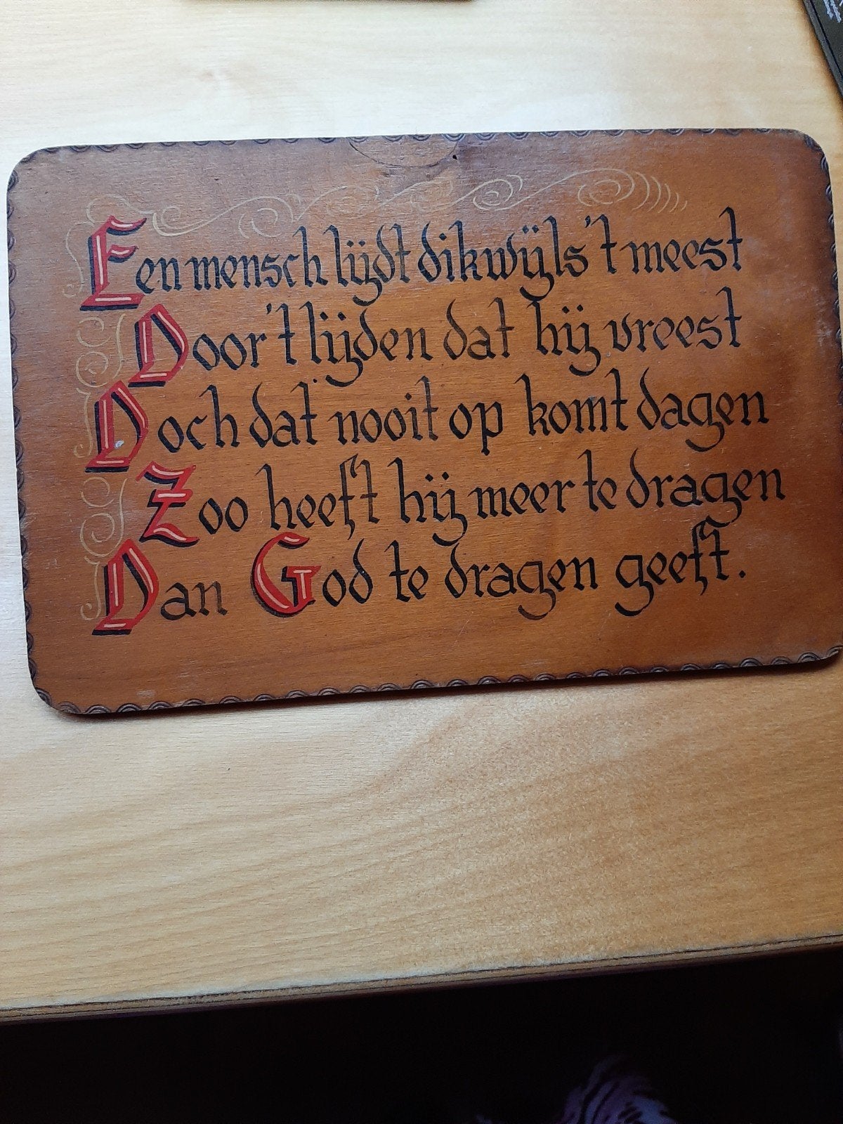 Houten bord met spreuk: Een menschlijdtdikwijlsnog het meest, Verzenden, 30 cm, Nieuw, 20 cm