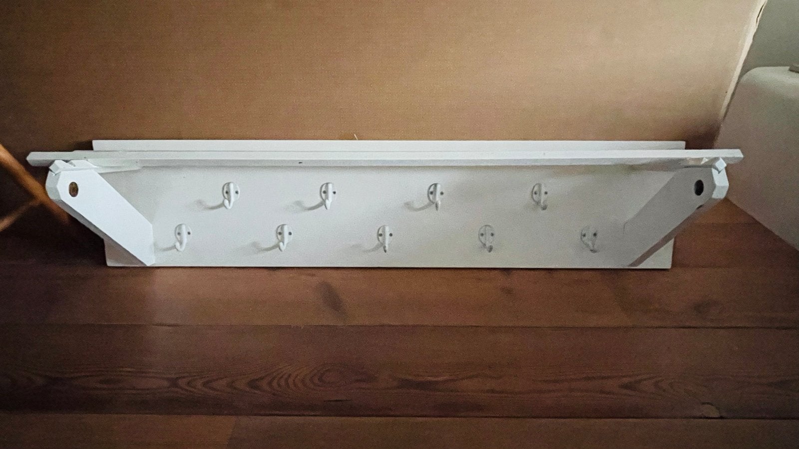Brocante witte wandkapstok met veel haken en opbergplank, Ophalen, Gebruikt, Hout, Wandkapstok