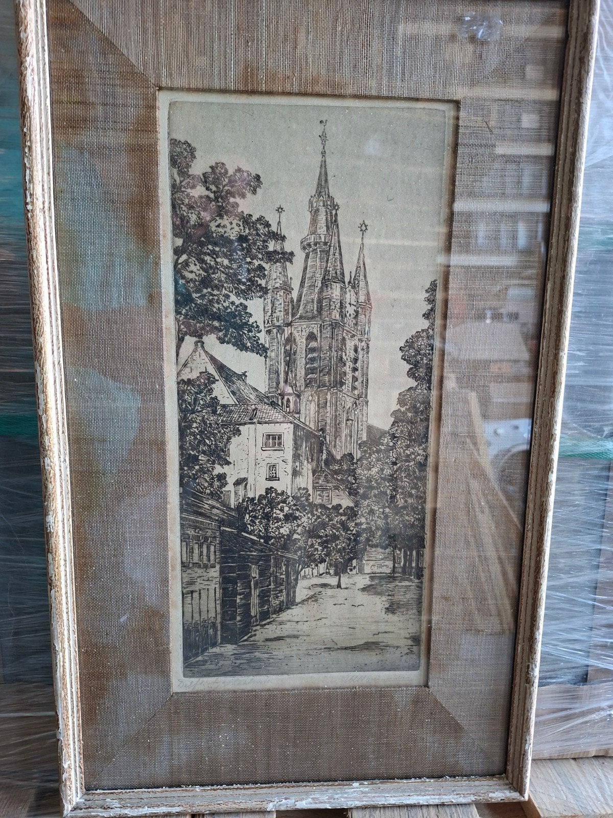 Zeefdruk van kerk in Delft, 1950 - 1999, Architectuur, Ophalen of Verzenden, Origineel