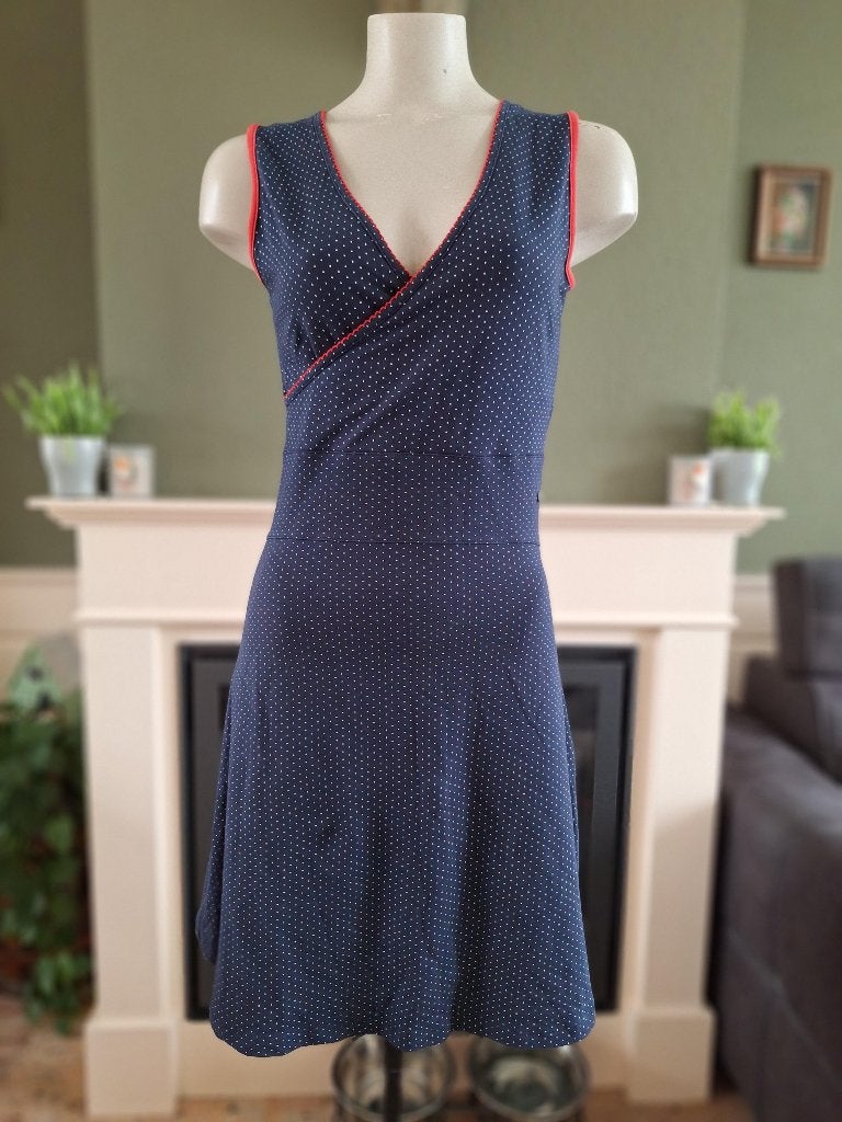 Mademoiselle Yeye blauwe polkadot retro jurk S 36, Zo goed als nieuw, Knielengte, Maat 36 (S), Mademoiselle Yeye