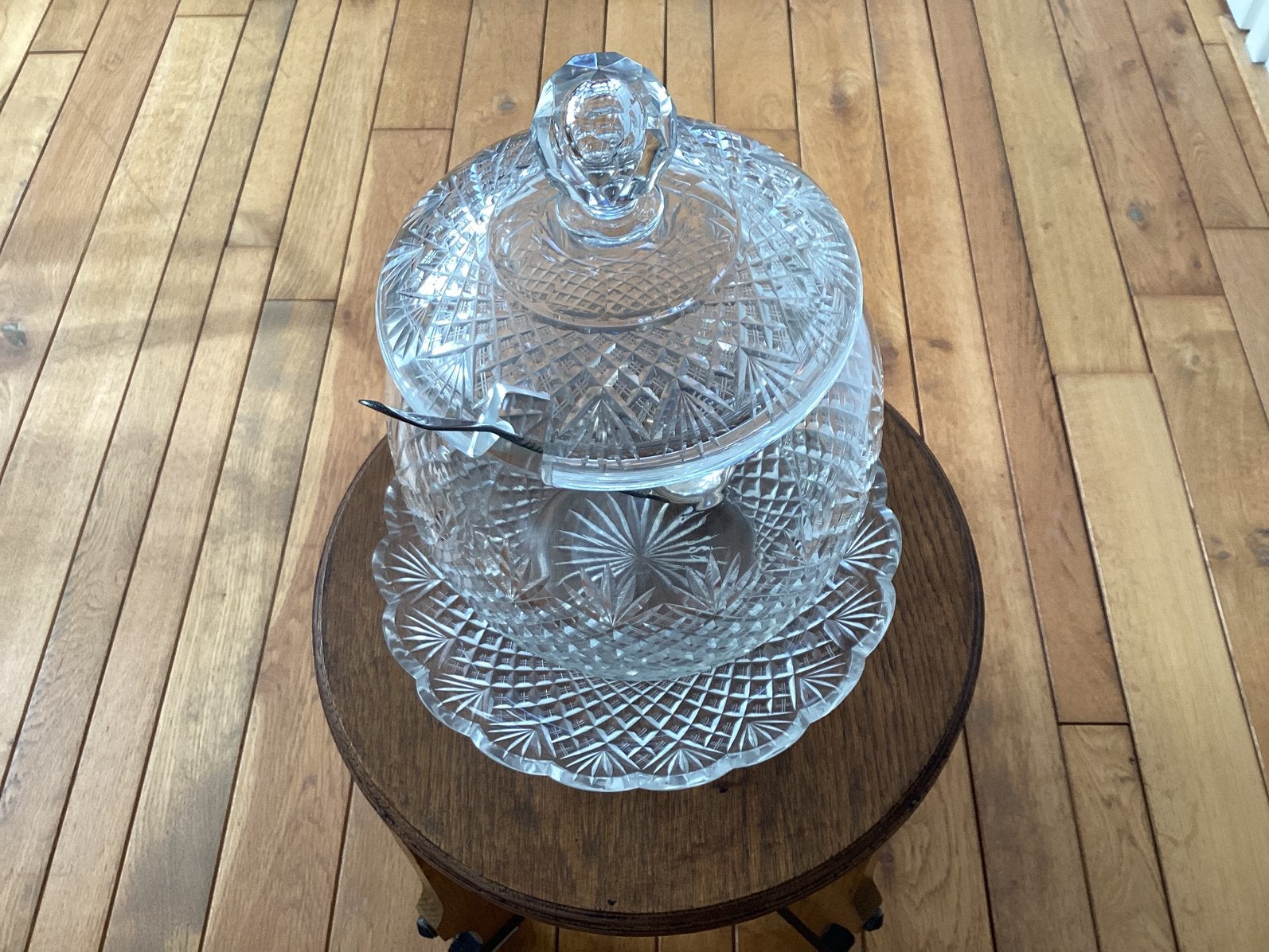 Groot glazen bowl stel met verzilverd opschep lepel., Glas, Ophalen of Verzenden, Gebruikt