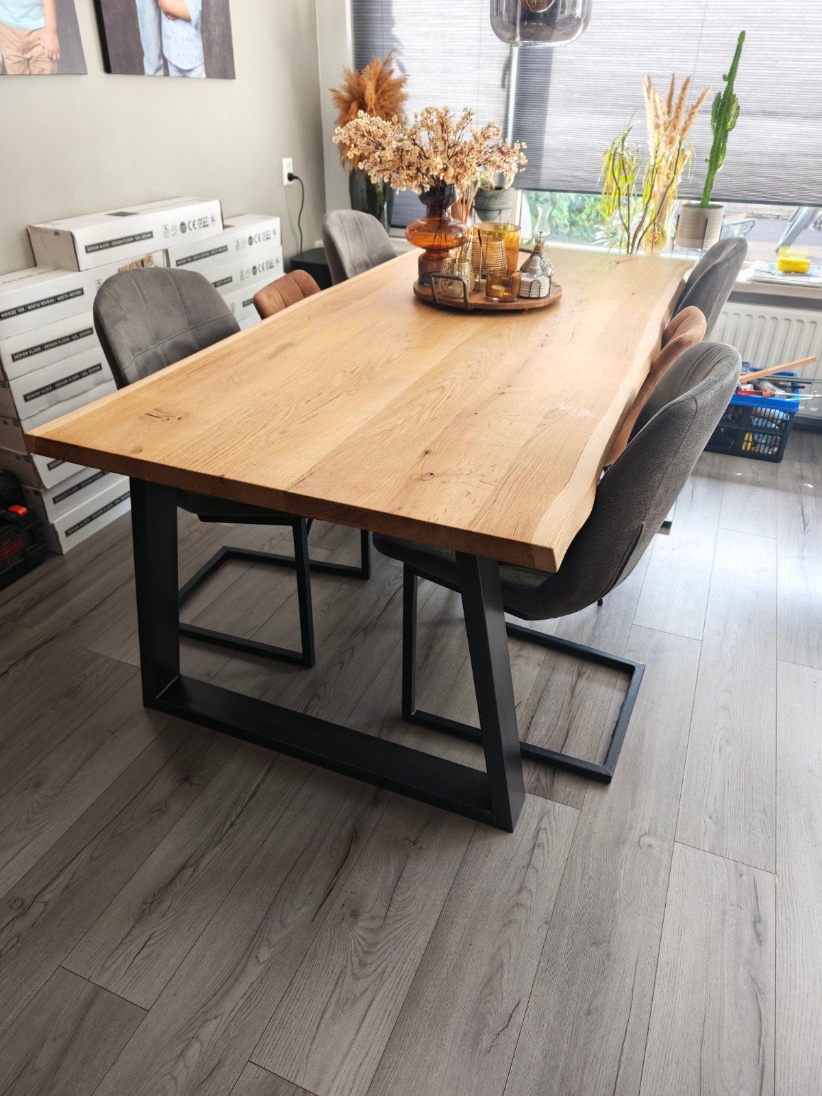 Eikenhouten eettafel 220x100 cm met stalen frame, Ophalen