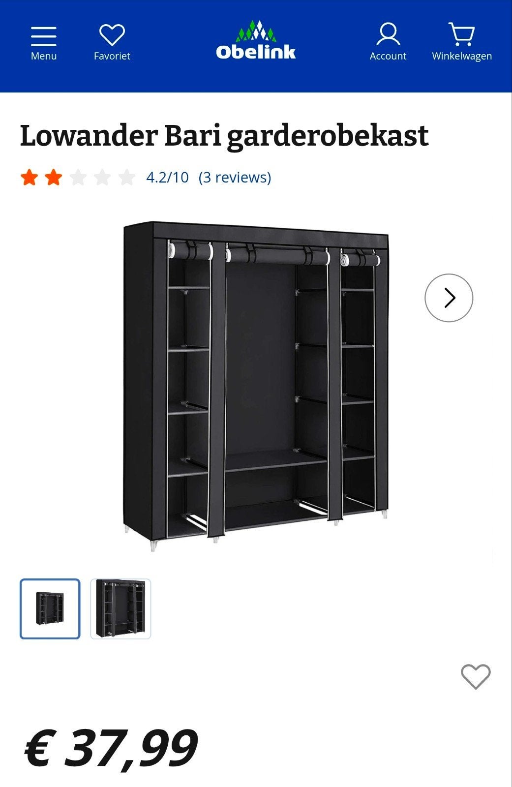 Lowander Bari kledingkast - Nieuw in doos Obelink, Caravans en Kamperen, Ophalen of Verzenden, Nieuw