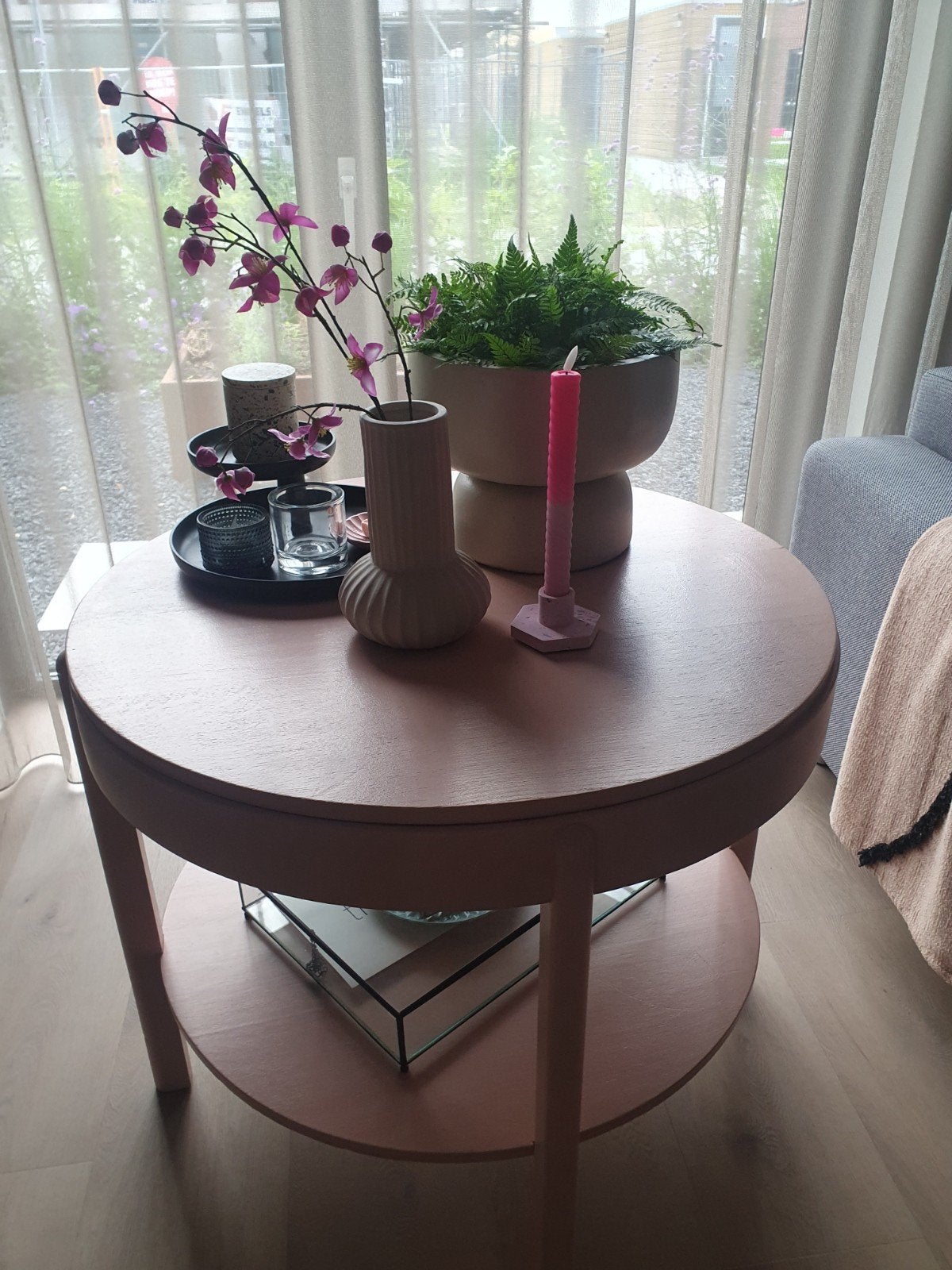 Roze ronde theetafel met 2 planken, Ophalen, Gebruikt, 50 tot 100 cm, Rond