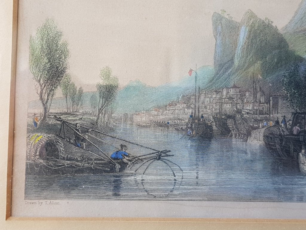 Mooie antieke ingelijste Engelse ets met een havengezicht., 1800 - 1899, Ets, Origineel, Ophalen of Verzenden