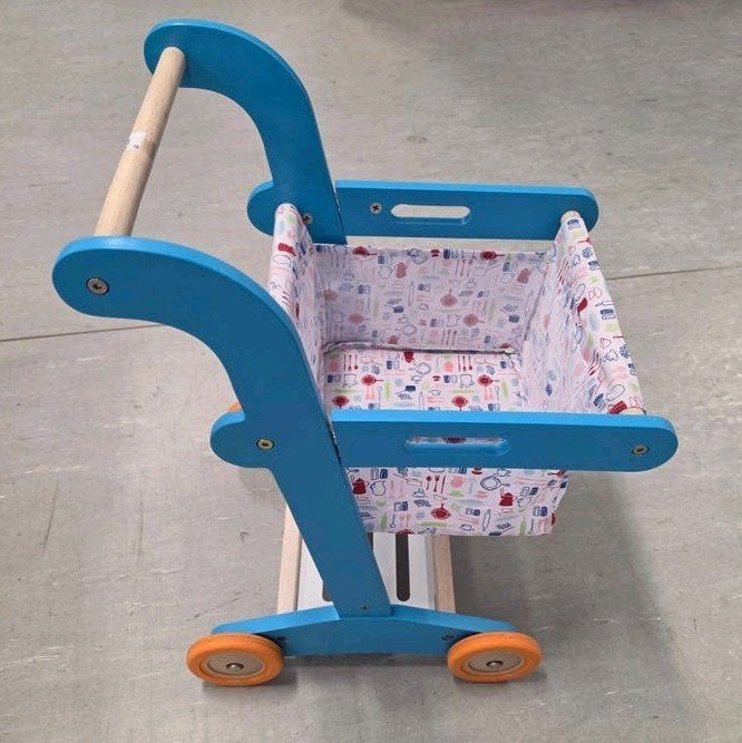 Houten blauwe kinderwinkelwagen met stoffen mand, Ophalen, Nieuw, Jongen of Meisje
