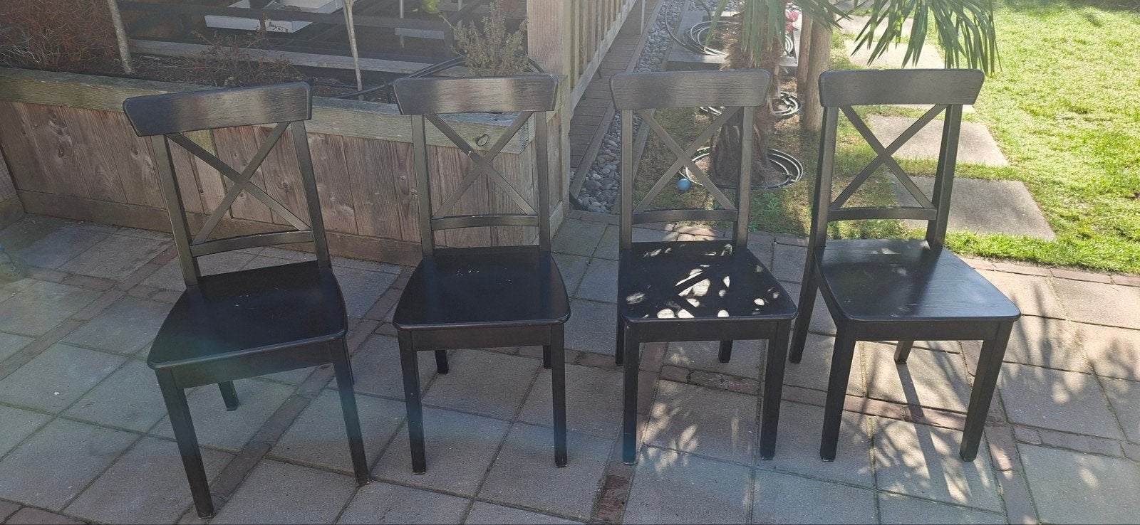Ikea Set van 4 zwarte houten eetkamerstoelen (gebruikt), Ophalen, Gebruikt, Zwart, Vier