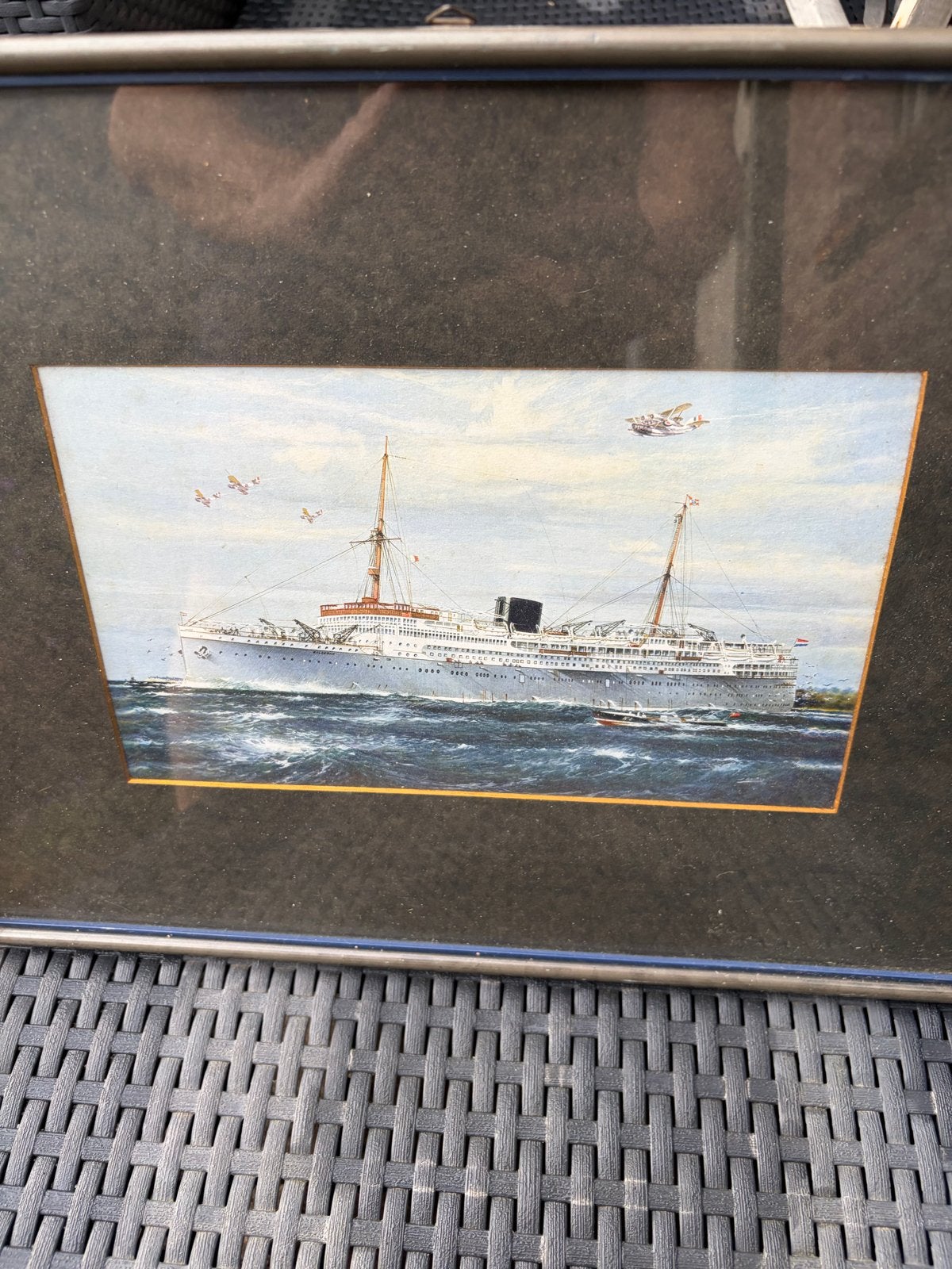 Ingelijste prent van een schip op zee, Antiek en Kunst, Kunst | Tekeningen en Foto's, Ophalen of Verzenden