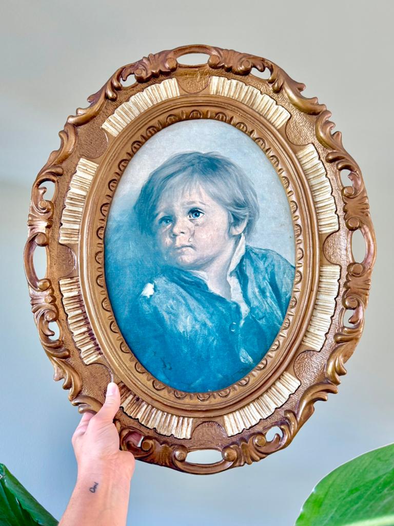 Vintage lijst wanddecoratie huilende zigeunerjongetje, Ophalen of Verzenden, Gebruikt