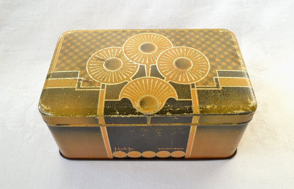 Rechthoekig okergeel Art Deco blik – LUB Tabak, ca. 1925, Ophalen of Verzenden, Zo goed als nieuw, Koek(jes), Overige merken