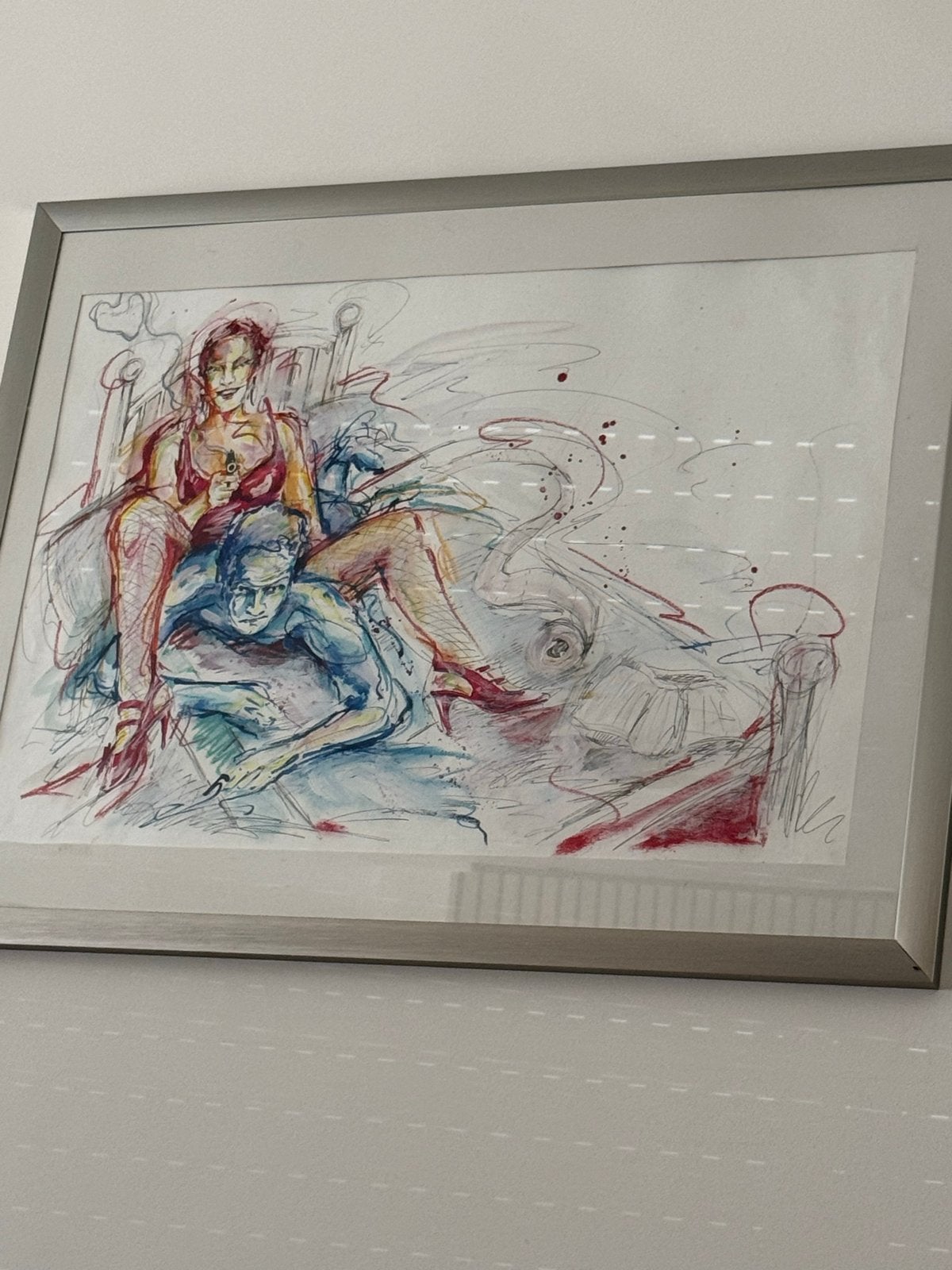Modern aquarel schilderij: Man en vrouw in bed, Antiek en Kunst, Kunst | Schilderijen | Klassiek, Portret of Personen, Expressionistisch
