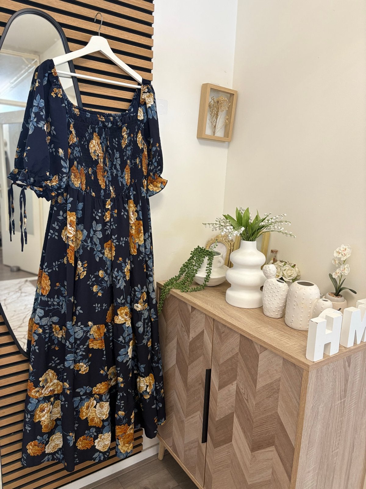 Maxi jurk met bloemenprint en gesmokt lijfje, Blauw, Maat 46/48 (XL) of groter, Ophalen of Verzenden, Zo goed als nieuw
