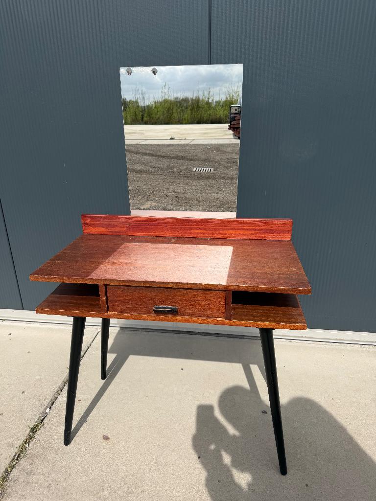 Vintage kaptafel met spiegel – mid century teak, Ophalen, Gebruikt, Glas, 150 tot 200 cm