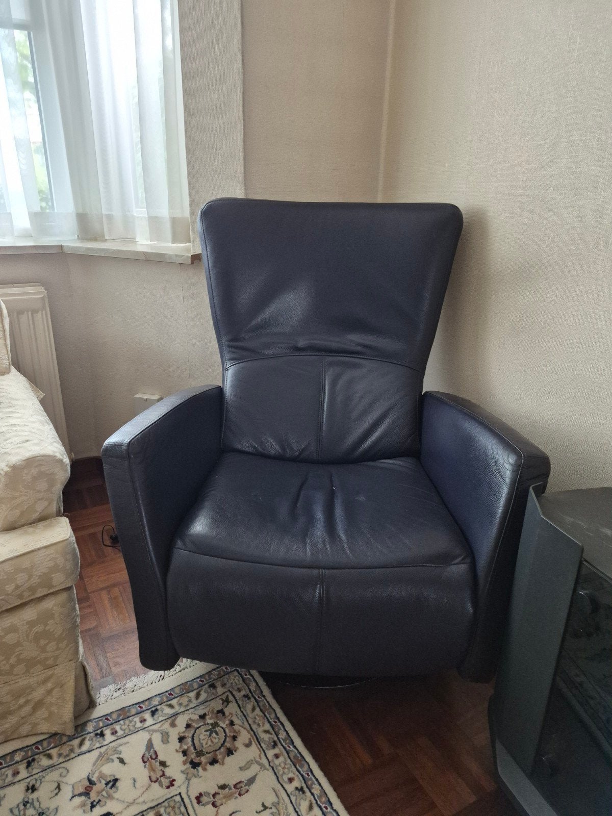 Zo goed als nieuwe blauwe leren draai fauteuil, Ophalen, Zo goed als nieuw, Leer
