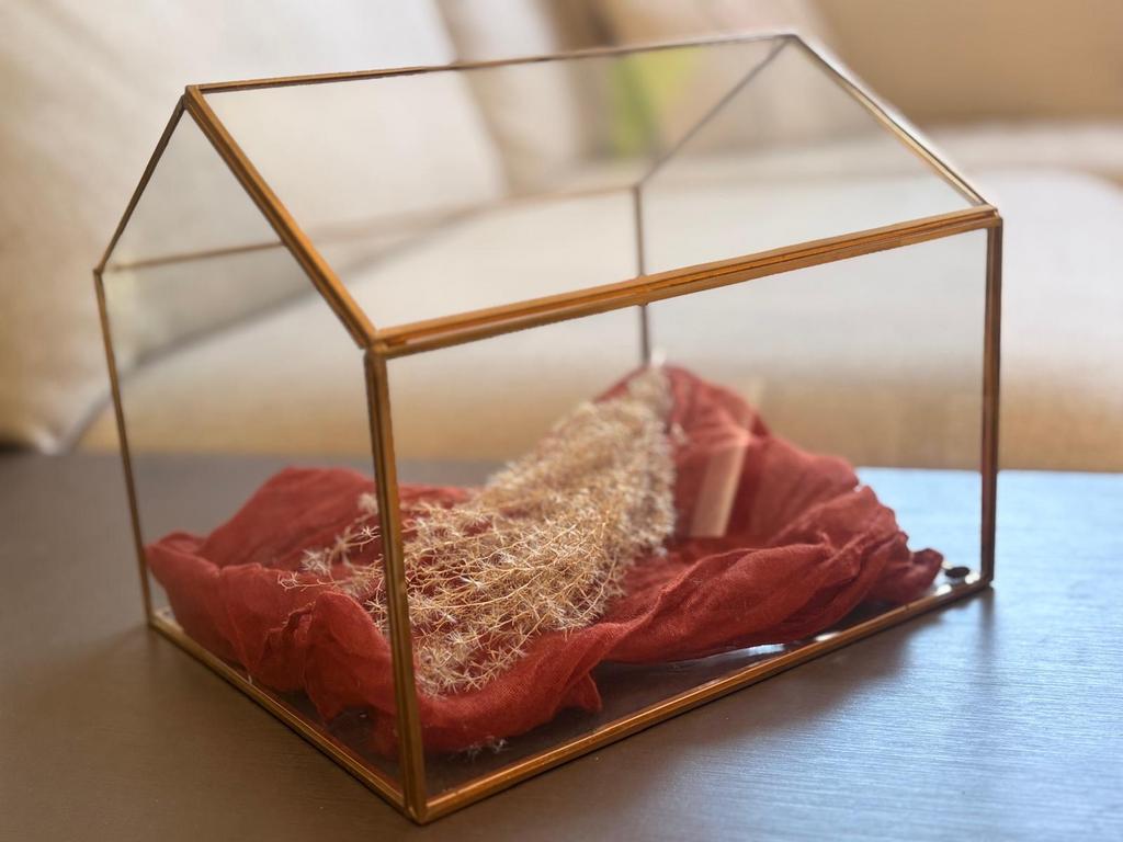 Glazen enveloppe opvangbak / in huisvorm, Ophalen, Gebruikt, Glas, Goud