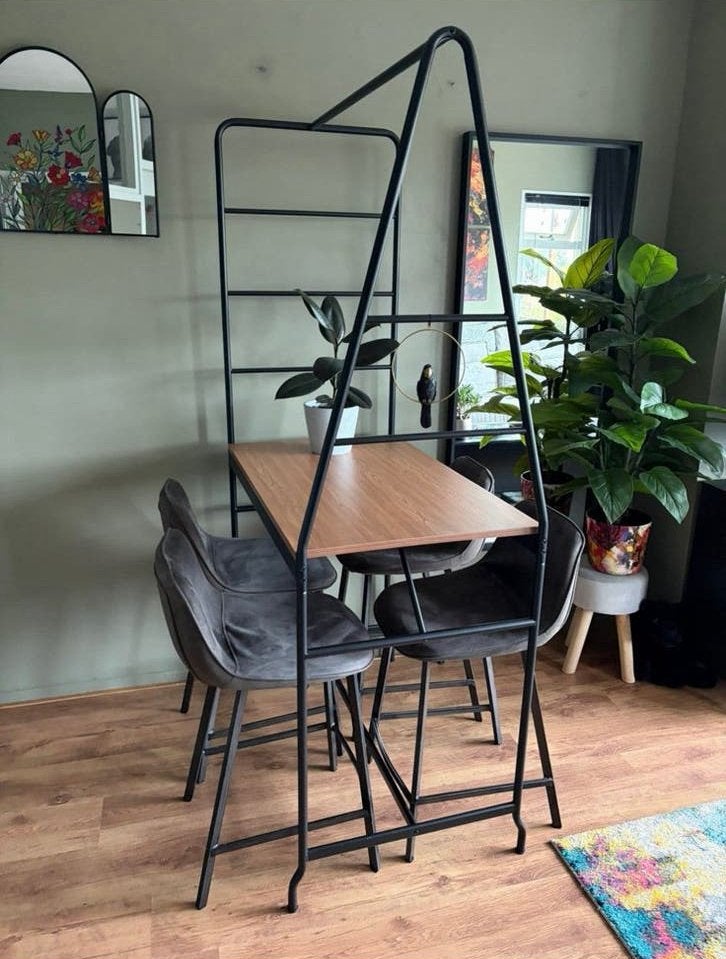 Set van bar/eettafel met 4 krukken, Ophalen, Gebruikt, 4 tot 6 stoelen