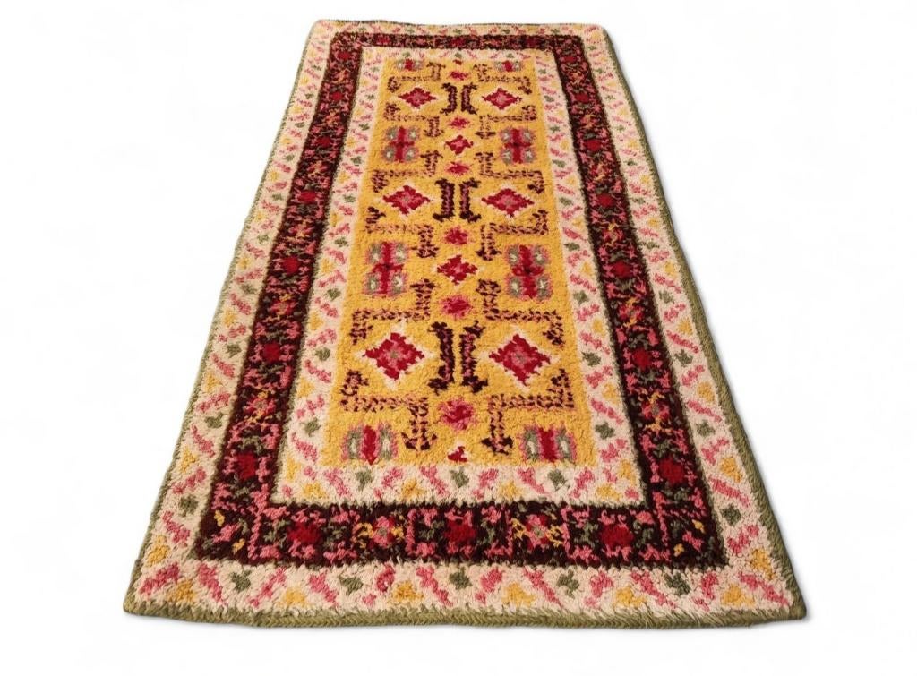 Vintage Handgeknoopt wol Smyrna tapijt floral 92x183cm, Huis en Inrichting, Stoffering | Tapijten en Kleden, Crème, Onbekend, Vintage, Bohemien, Traditioneel
