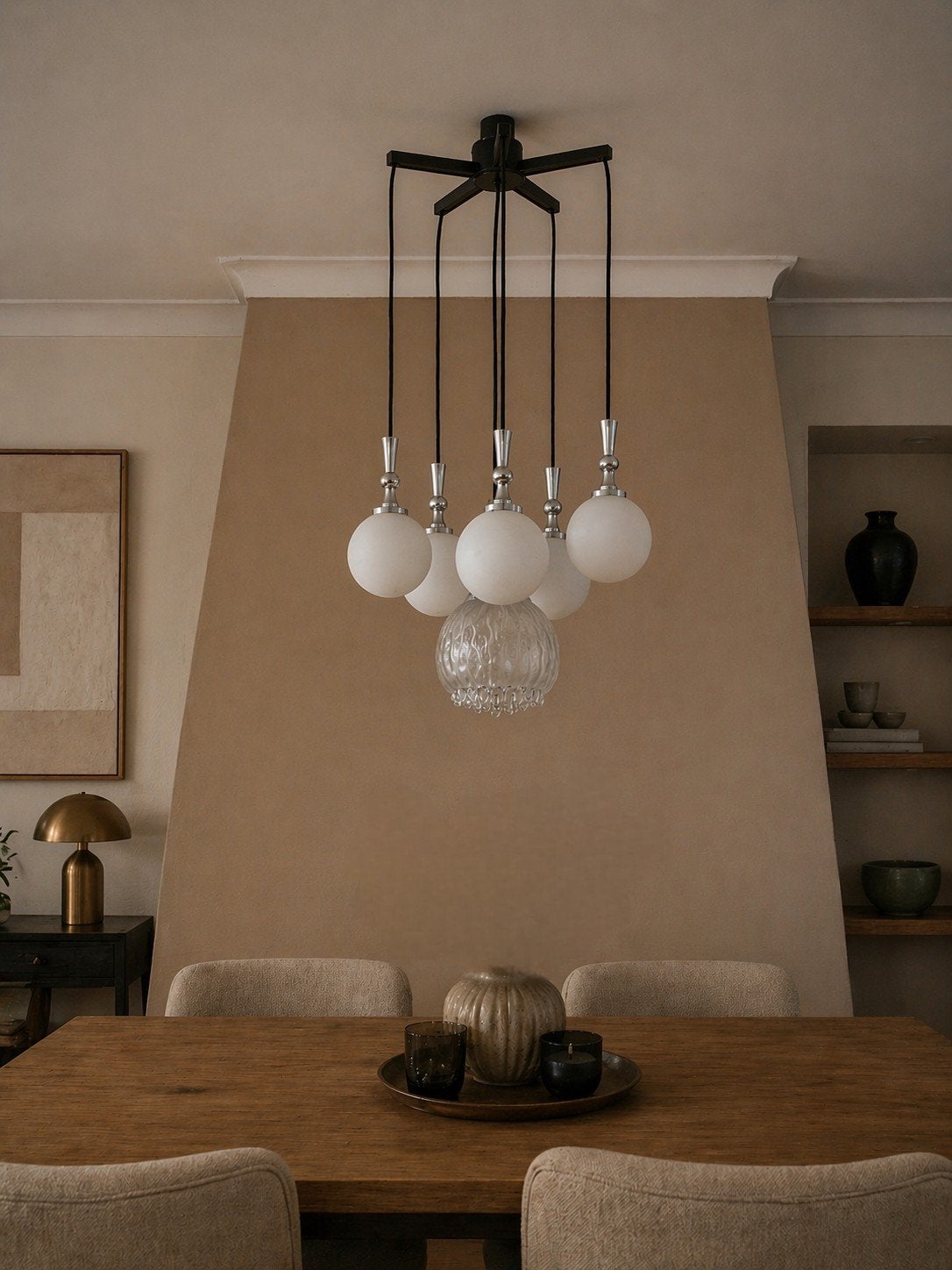 Hustadt Leuchten cascade hanglamp met 6 bollen, Ophalen, Gebruikt, Glas, Vintage, Mid-century modern