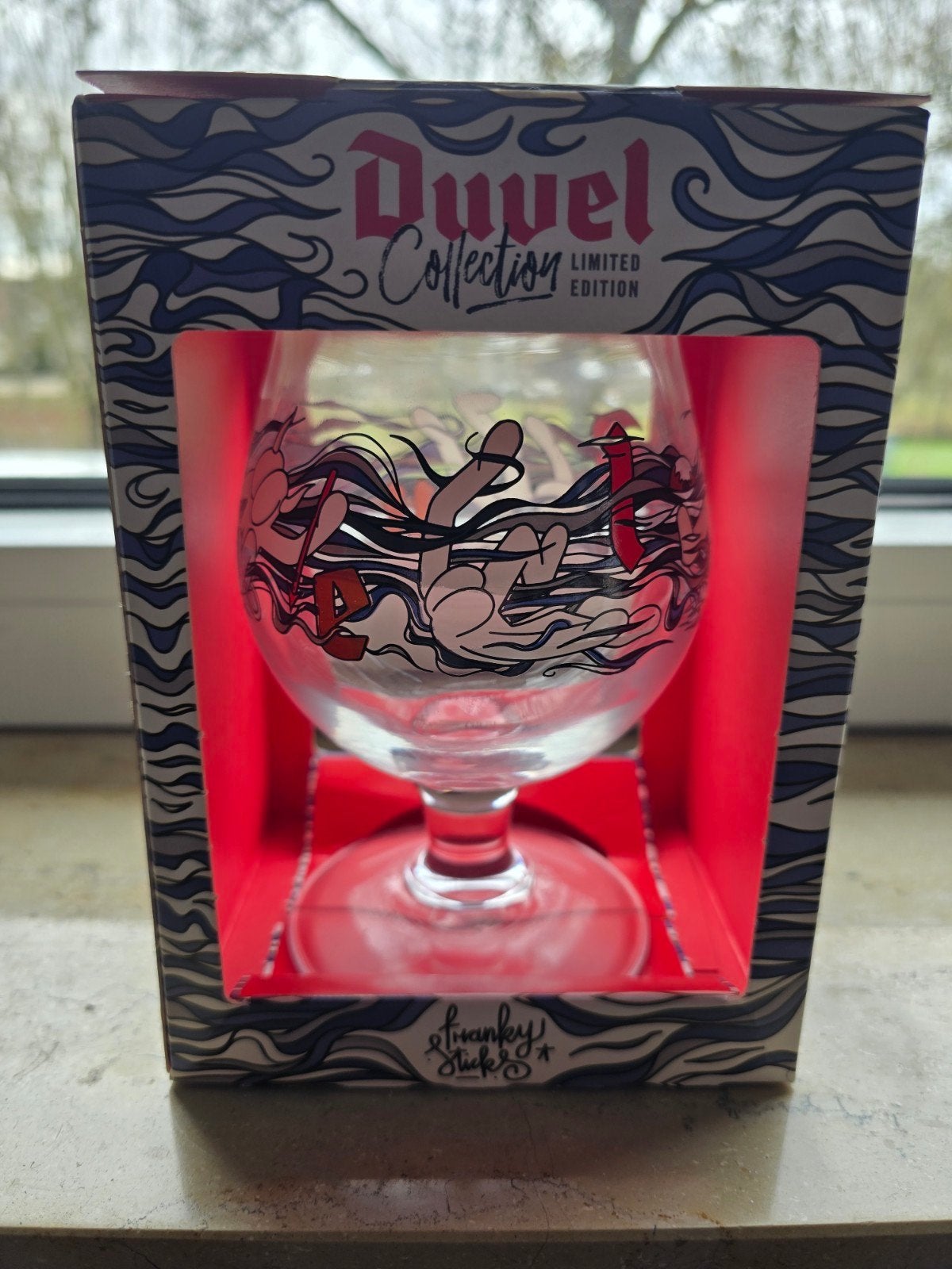 Duvel glas Franky Sticks, Ophalen of Verzenden, Zo goed als nieuw, Glas of Glazen, Duvel