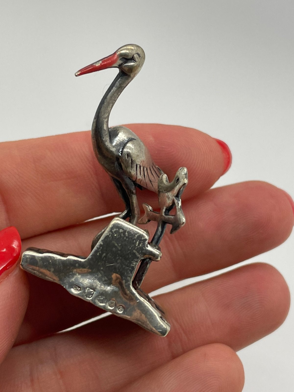 F37 Prachtig zilveren minituur beeldje ooievaar, Ophalen of Verzenden, Zilver
