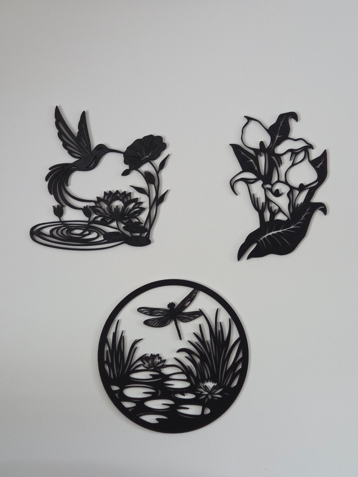Wanddecoratie Natuur: Kolibrie, Kalla's en Libel, 24 cm, Zwart, Ophalen of Verzenden, 24 cm