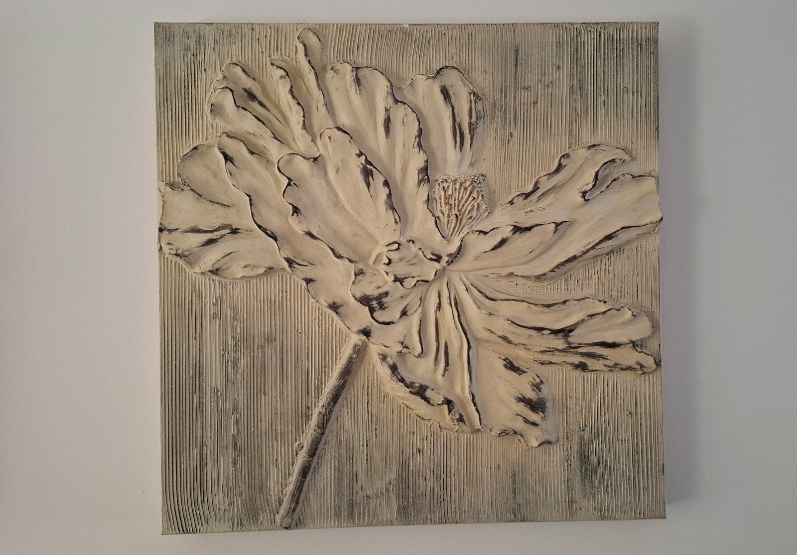 Houten Canvas Kunstbloemen met reliëf crème kleurig, Antiek en Kunst, Kunst | Schilderijen | Abstract, Ophalen